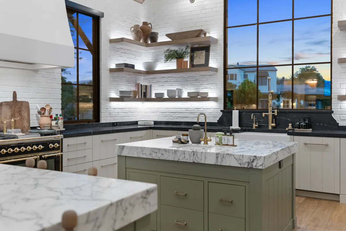 Marble, brass and evening light in a Dromedary kitchen