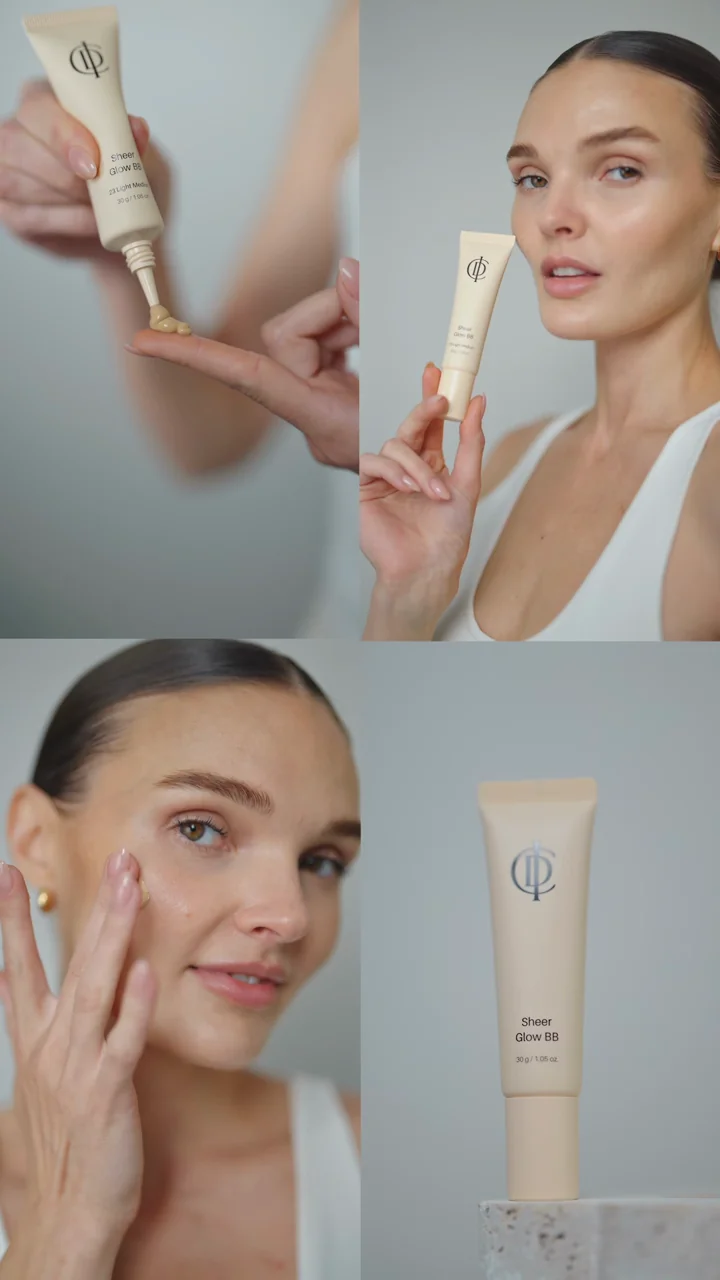 A woman smiling gently while applying BB cream in the original film montage