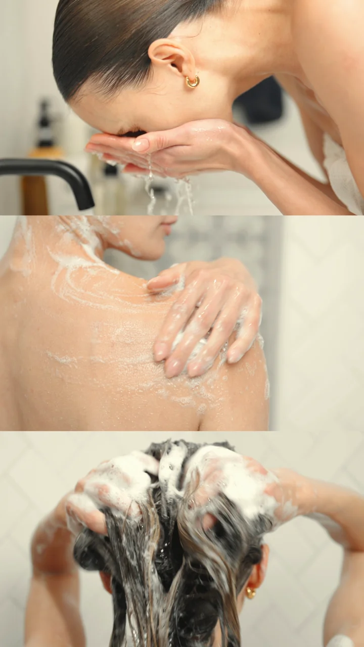 Face, body and hair care shown in a three-part film montage